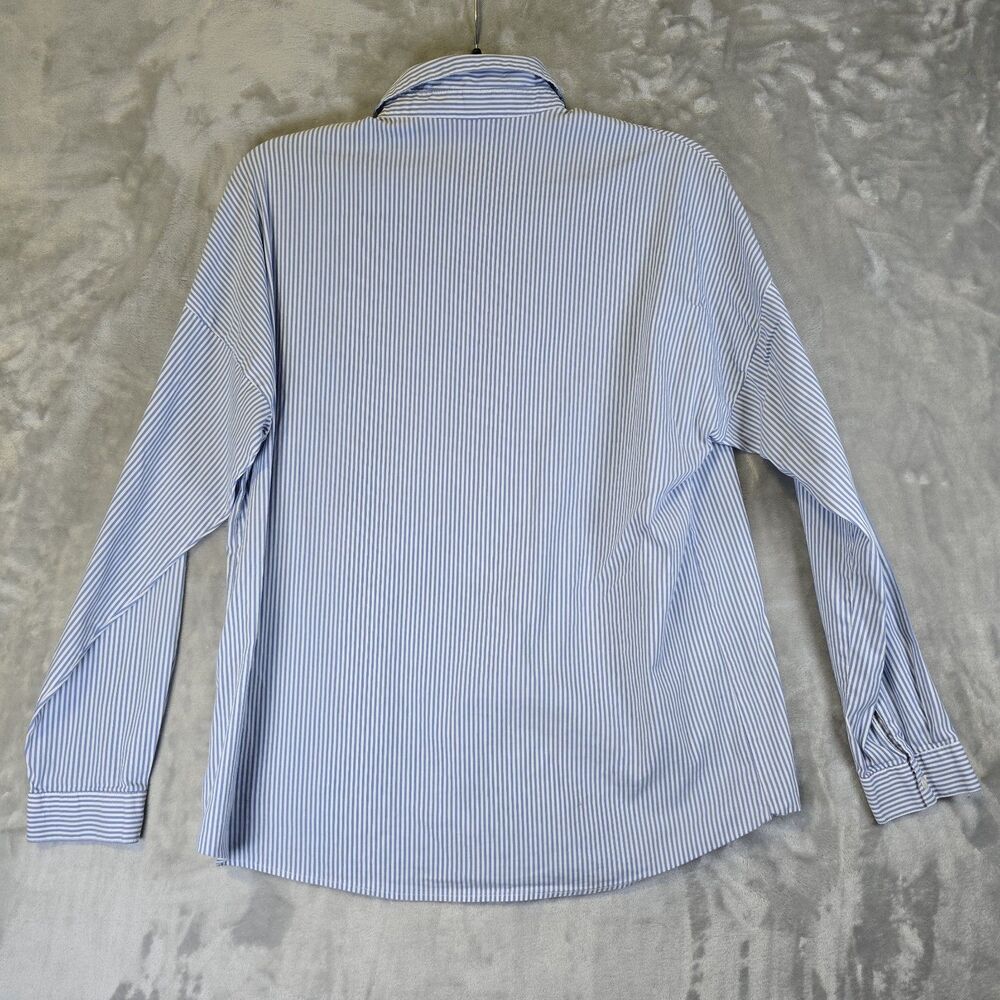 Low Vision Button Up Shirt Blouse Womens Large Blue Stripe Flora Bird Embroidery - Picture 5 of 7